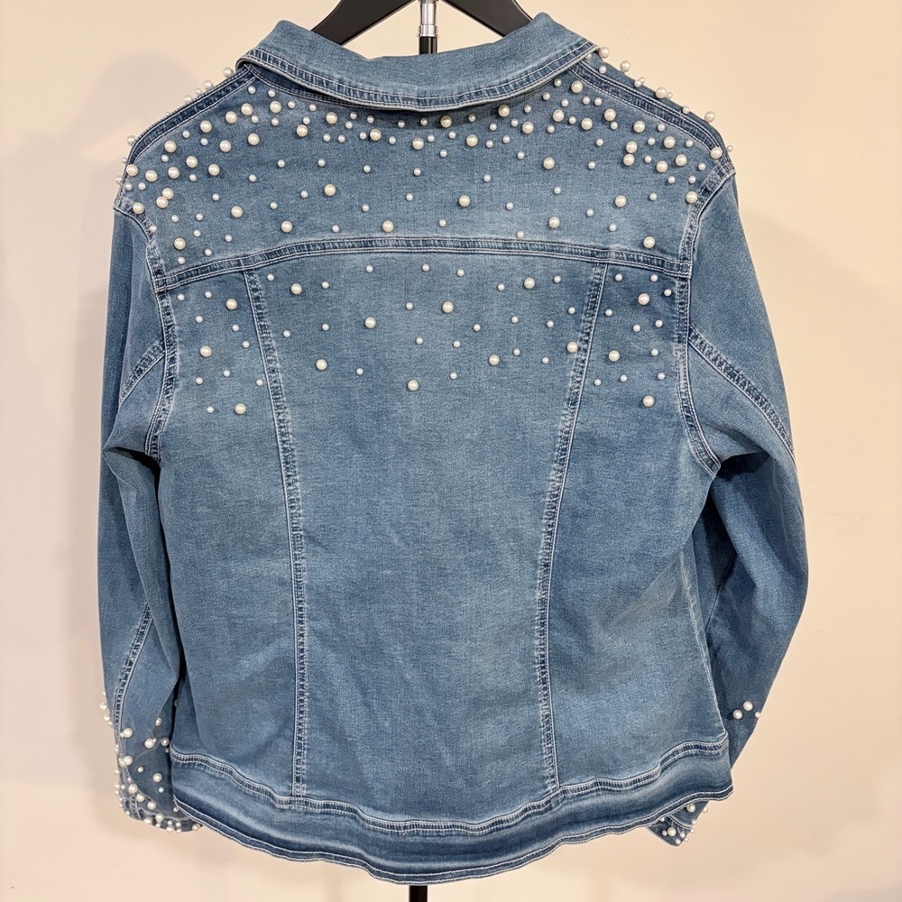Glam Vintage Pearl Chic Denim Jean Stretchy Jacket Feminine Western Y2K Large - Picture 5 of 15